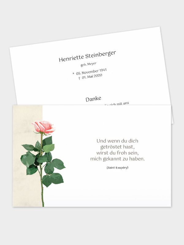 2-seitige Trauerkarte im klassischen Querformat (178 x 115 mm) | Motiv Rose (Solo) | TKK_2Q_064