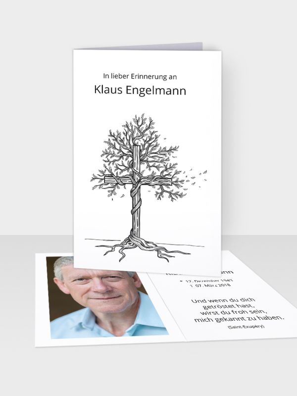 Erinnerungsbild - Kleinere Klappkarte mit Trauerbild/Sterbebildchen (74 x 105 mm) | Motiv Baum-Kreuz | EB_002_ATD