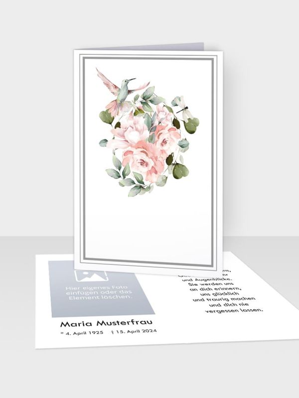 Erinnerungsbild - Klappkarte mit Sterbebildchen | Motiv Kolibri mit Rose | EB_514_ATD