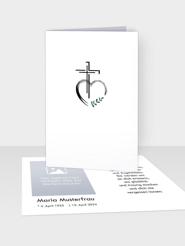 Erinnerungsbild - Klappkarte mit Sterbebildchen | Motiv Kreuz mit Herz | EB_517_ATD