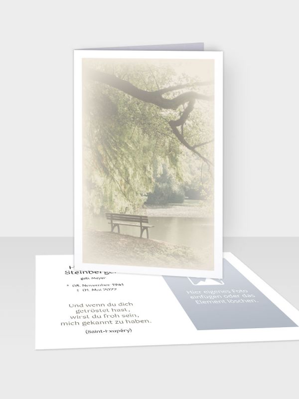 Erinnerungsbild - Kleinere Klappkarte mit Trauerbild/Sterbebildchen (74 x 105 mm) | Motiv Bank am See | EB_066