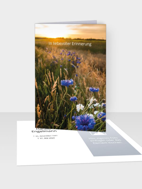 Erinnerungsbild - Kleinere Klappkarte mit Trauerbild/Sterbebildchen (74 x 105 mm) | Motiv Kornblumen | EB_077