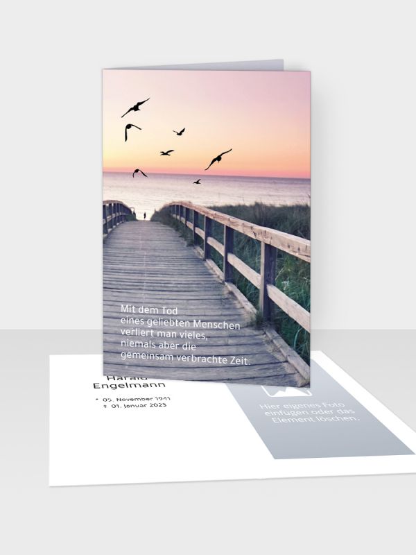 Erinnerungsbild - Kleinere Klappkarte mit Trauerbild/Sterbebildchen (74 x 105 mm) | Motiv Steg zum Übergang | EB_076