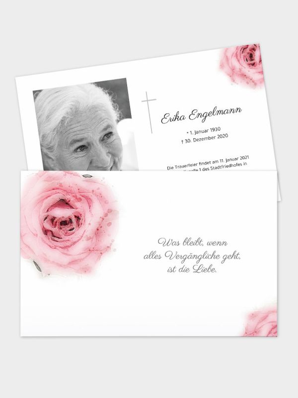 2-seitige Trauerkarte im klassischen Querformat (178 x 115 mm) | Motiv Rose Aquarell | TKK_2Q_025