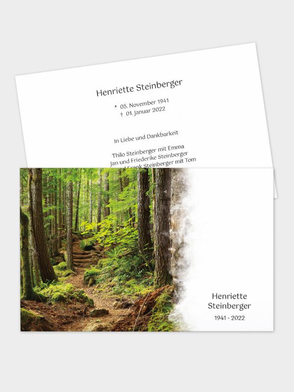 2-seitige Trauerkarte im klassischen Querformat (178 x 115 mm) | Motiv Waldweg | TKK_2Q_048